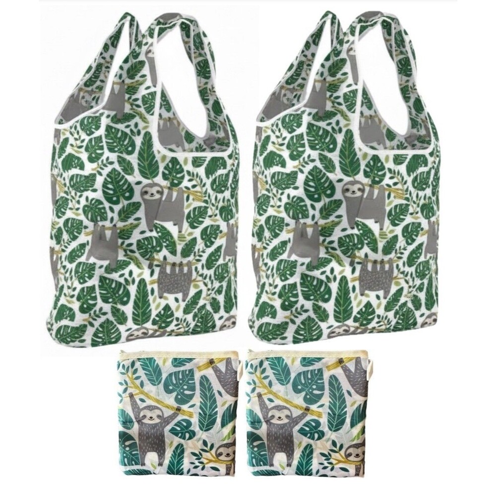 Set of 2 Sloth Design Reusable Grocery Bags Foldable Tote Bags For Groceries